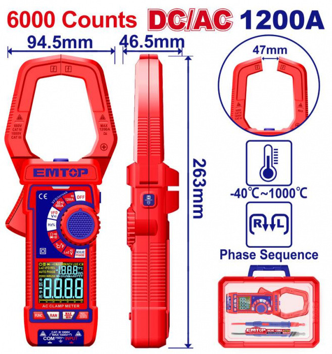EMTOP Digitální klešťový multimetr AC/DC 1200A RMS 6000