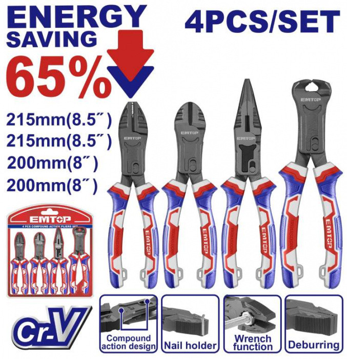 EMTOP Sada převodových kleští 4 ks (úspora síly 65%)