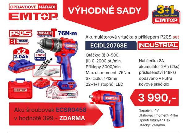 EMTOP Aku vrtací šroubovák s příklepem 20V 76Nm set s aku úhlovým šroubovákem 4V zdarma
