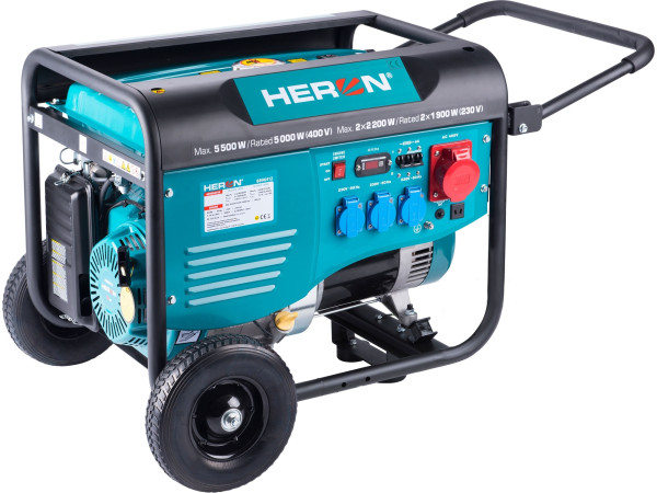 Heron 8896412 elektrocentrála benzínová 13HP/6,0kW (400V), 2x2,2kW (230V), podvozek