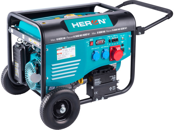 Heron 8896420 elektrocentrála benzínová 15HP/6,8kW (400V), 5,5kW (230V), elektrický start, podvozek