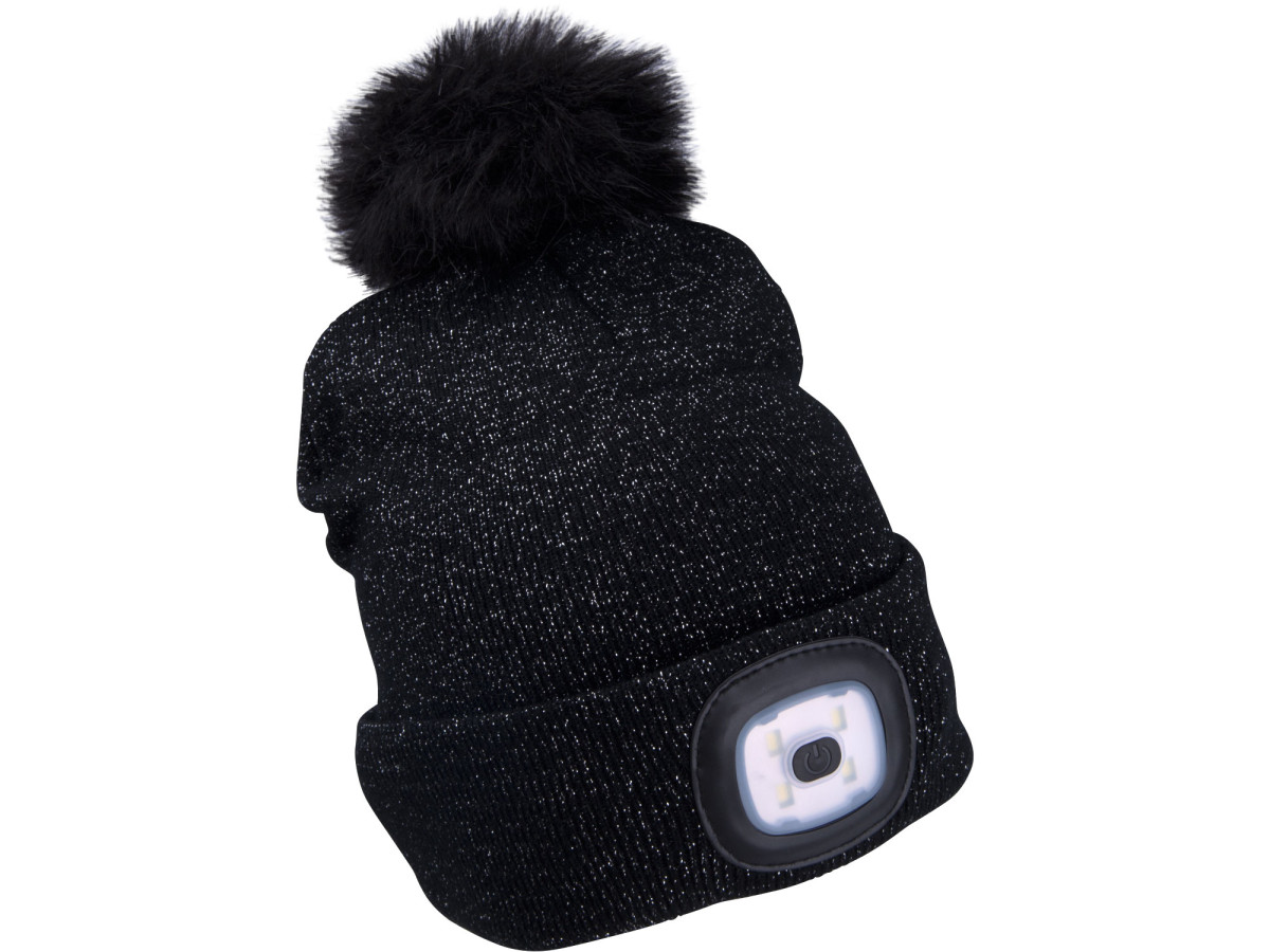 Extol Light 43196 čepice s čelovkou 4x45lm, USB nabíjení, černá se třpytkou a bambulí, univerzální velikost