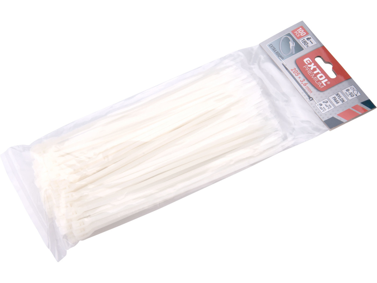 Extol Premium 8856222 pásky stahovací na kabely EXTRA, bílé, 205x3,6mm, 100ks, nylon PA66