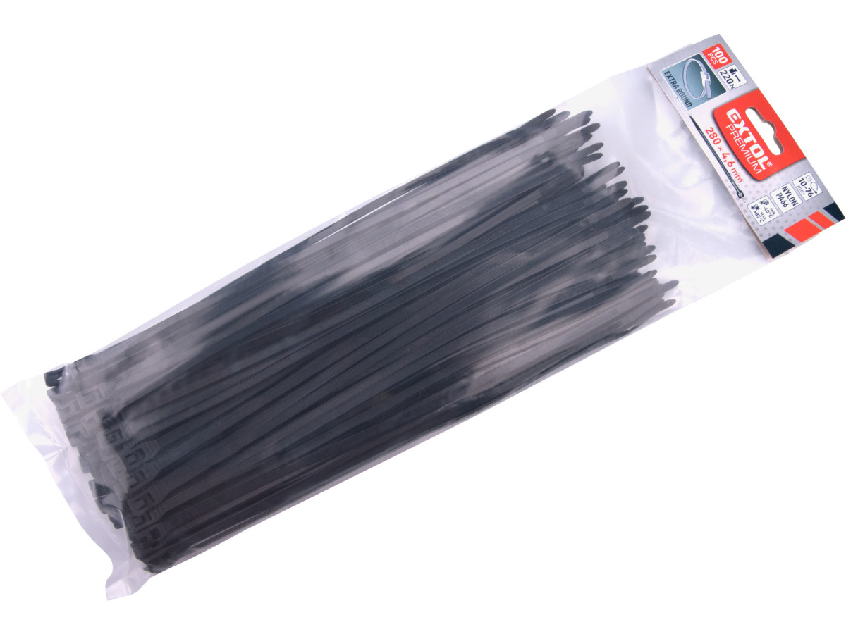 Extol Premium 8856234 pásky stahovací na kabely EXTRA, černé, 280x4,6mm, 100ks, nylon PA66